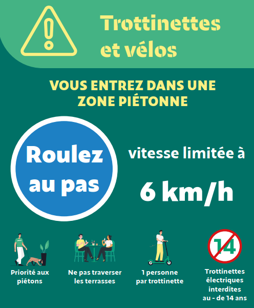 Consignes trottinettes et vélos en zone piétonne présentées sous forme simplifiée avec des pictogrammes 